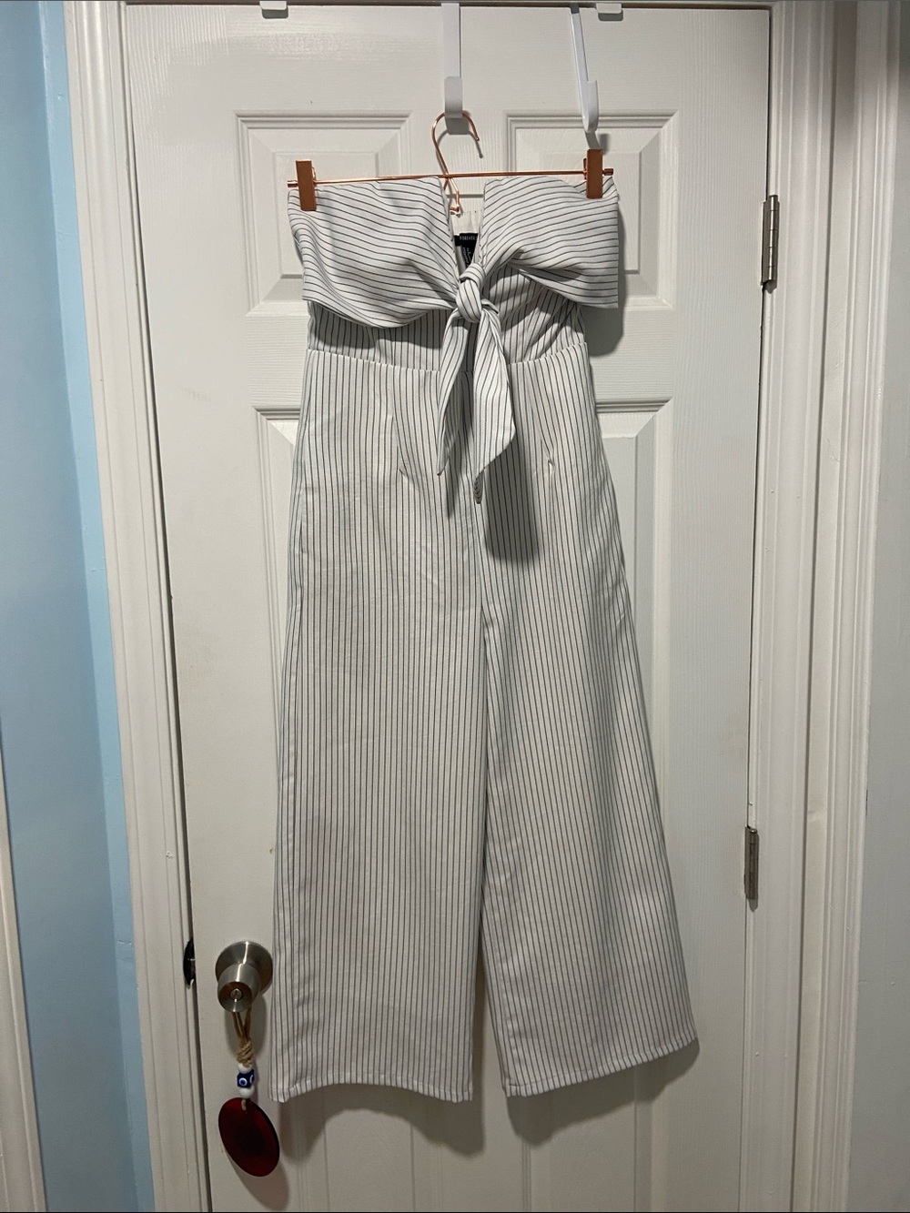 Forever 21 White Strapless Pinstripe Tie-Front Jumpsuit